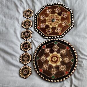 Miguel Laguna Spanish Inlaid Wood Vintage Serving Trays and Coaster set
